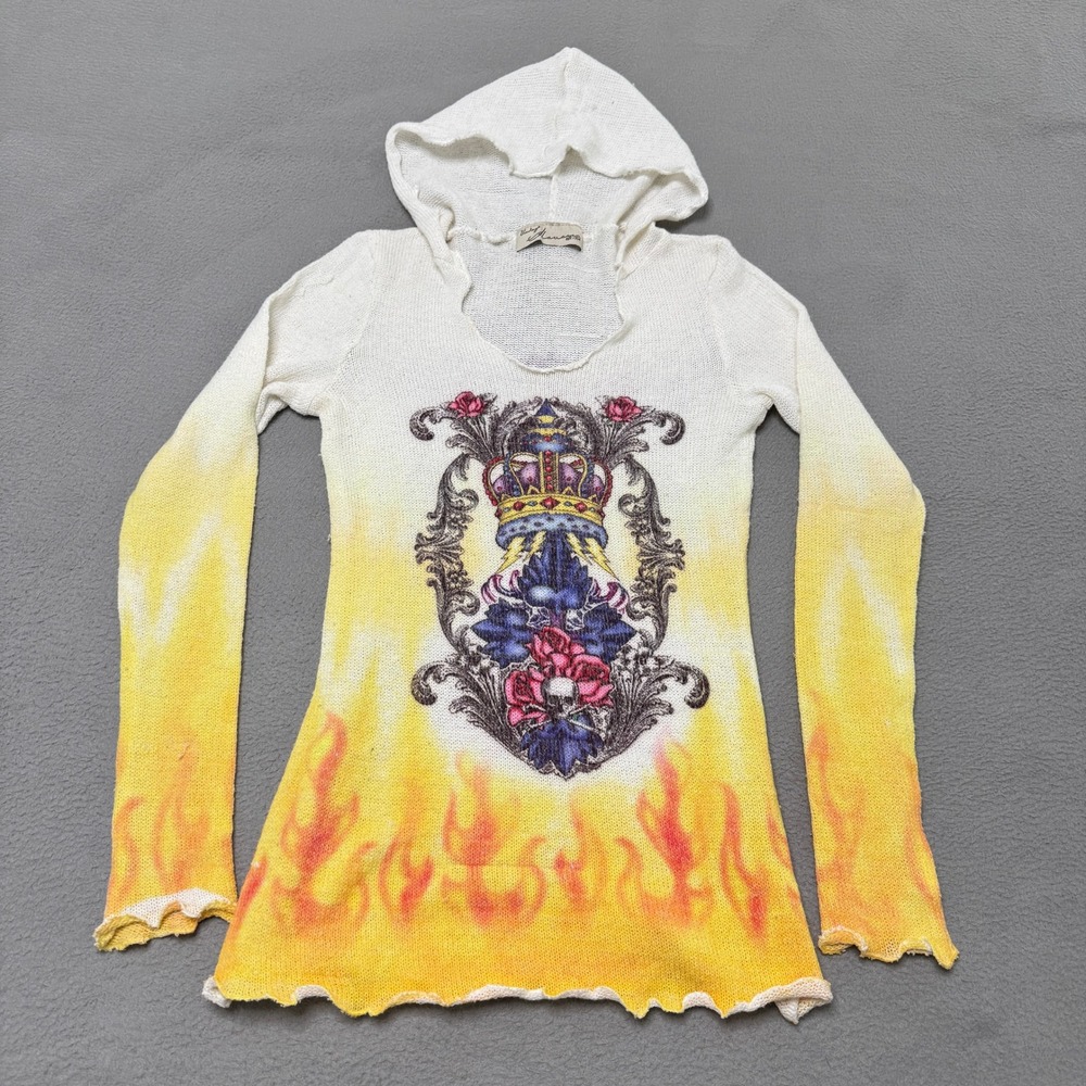 Vintage Havana Sweater Women Small White Yellow Hooded Flame Graphic Y2K Knit